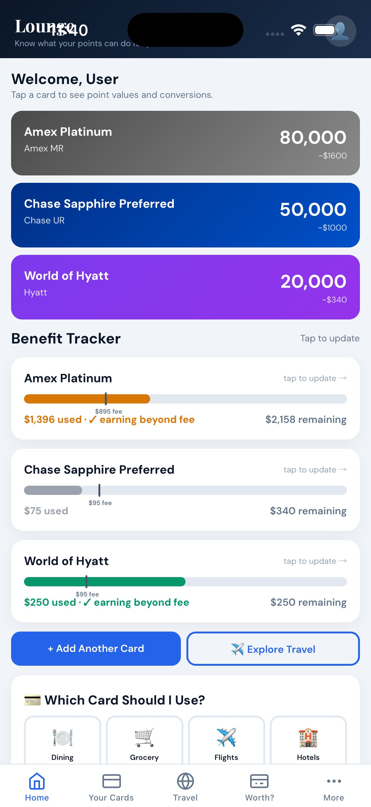 Lounge dashboard showing benefit tracking
